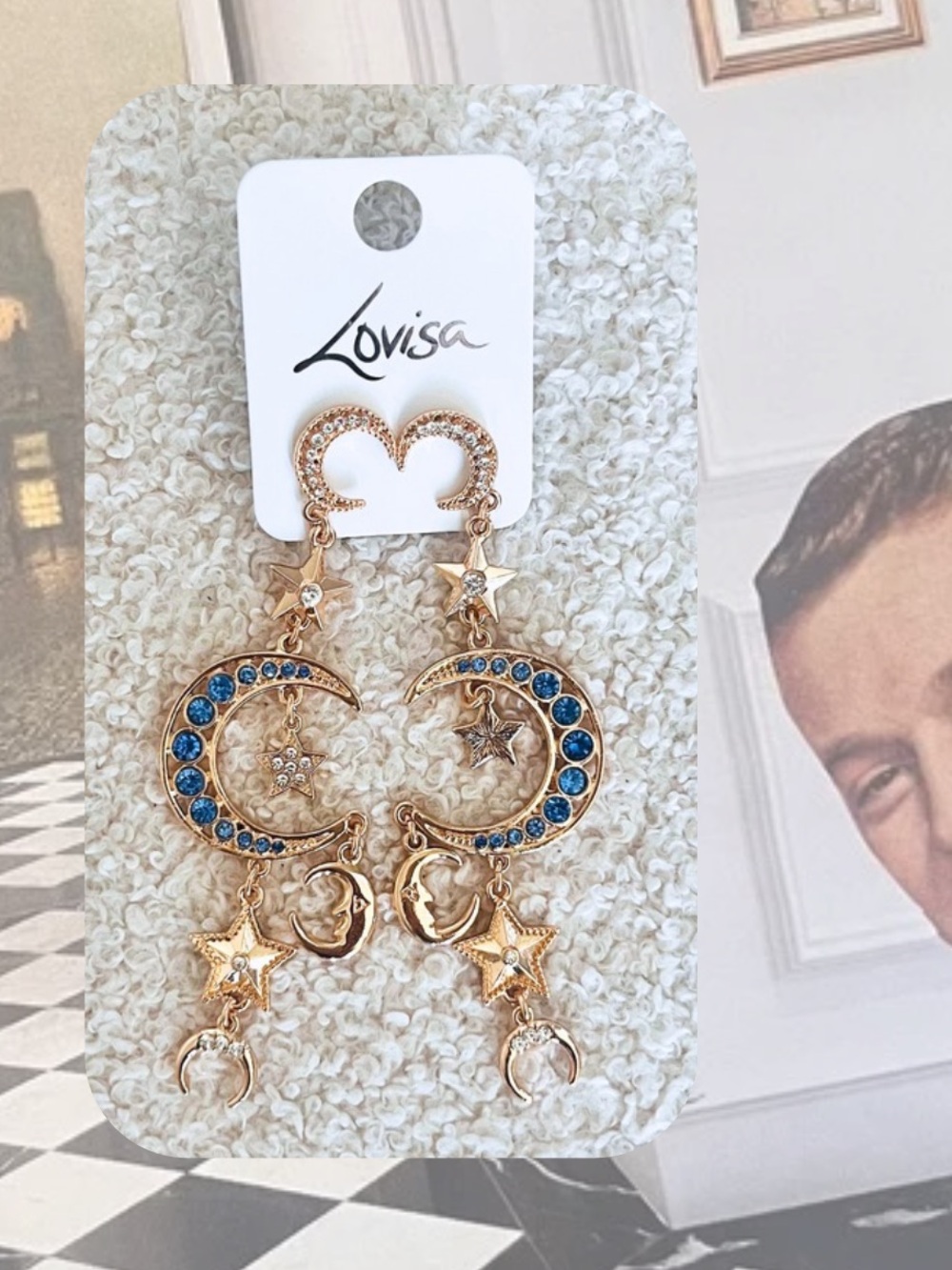 🎉🎉Gold-Tone Blue Diamante Crystal Celestial Moon & Star Gemstone Drop Earrings